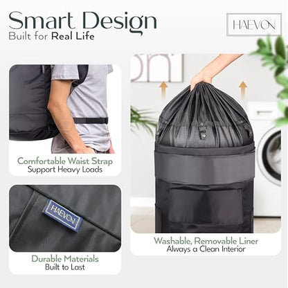 HAEVON Heavy Duty Laundry Backpack, Black | Padded Straps, Removable Liner