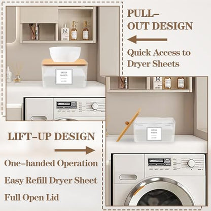 Dryer Sheet Holder, Clear Dryer Sheet Dispenser with Bamboo Lid | 16 Labels and Scoops, Dryer Ball Storage, Clothespin Holder, Laundry Pod Holder, Countertop Organizer for Laundry Rooms