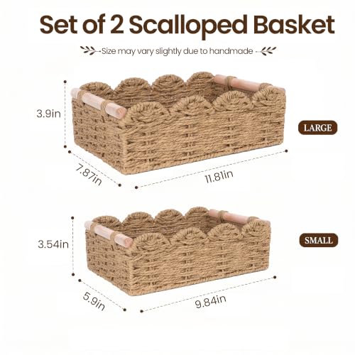 iEGrow Paper Rope Small Storage Baskets for Organizing, Set of 2 Scalloped Edge Wicker Basket with Wooden Handles Toilet Paper Basket for Over Toilet Storage Shelf, Home Decor, Living Room (Neutral)