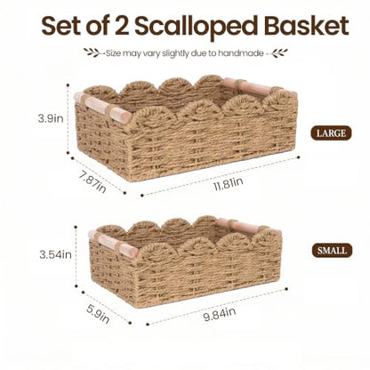 iEGrow Paper Rope Small Storage Baskets for Organizing, Set of 2 Scalloped Edge Wicker Basket with Wooden Handles Toilet Paper Basket for Over Toilet Storage Shelf, Home Decor, Living Room (Neutral)