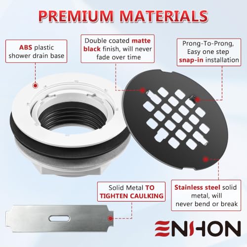 Enhon 4.25" OD Shower Drain Assembly, Snap in Shower Base Drain and Round Grid Strainer Cover, Fits 2 in. Schedule 40 ABS and PVC Pipes, Stainless Steel Cap, ABS Base(Matte Black,1 Pack)