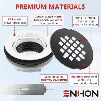 Enhon 4.25" OD Shower Drain Assembly, Snap in Shower Base Drain and Round Grid Strainer Cover, Fits 2 in. Schedule 40 ABS and PVC Pipes, Stainless Steel Cap, ABS Base(Matte Black,1 Pack)