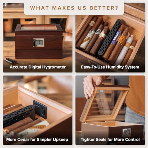 CASE ELEGANCE Renzo Glass Top Cigar Humidor with Cedar - Brown | Easy humidification system, accurate digital hygrometer