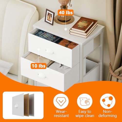 White Tall Dresser for Bedroom, Chest of Drawer with Fabric Drawer | Tall Skinny Dresser with 7 Drawers, Metal Frame, Wooden Top, Dorm Vertical Closet, Bedside Furniture in Living Room