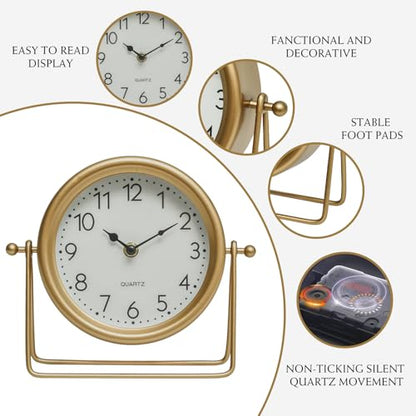 EMAX HOME Vintage Golden Table Clock - Elegant Battery Operated Office, Living Room, and Bedroom Clock with Minimalist Design Gold Table Decor 22x19.5x5.5cm