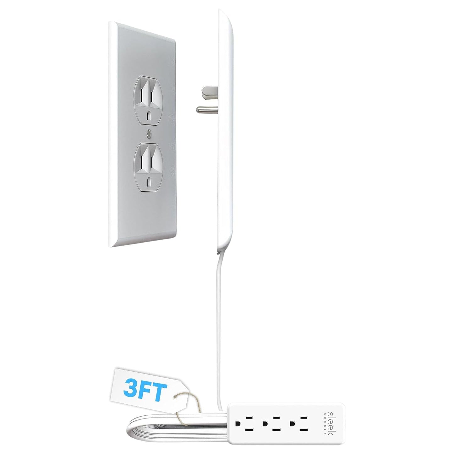 Sleek Socket Original & Patented Flat Ultra-Thin Outlet Concealer with Extension Cord Kit, Multi Outlets Power Strip, Ideal for Home Improvement, Hide Bulky and Messy Cords, 3ft