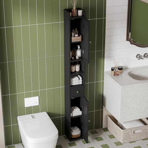 ChooChoo Narrow Bathroom Storage Cabinet with Adjustable Shelves and Drawer | Tall Slim Storage Cabinet, Freestanding Cupboard for Small Spaces, Black