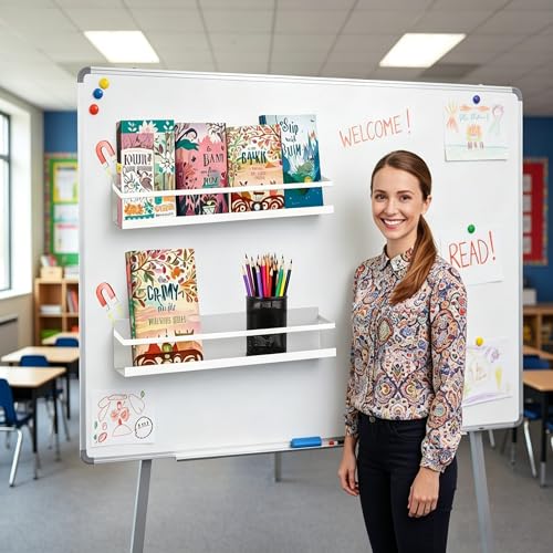Metal Magnetic Book Shelf for Whiteboard, Metal Magnetic Bookshelf, Book Display Shelf for Teacher Kids Classroom Office (White)