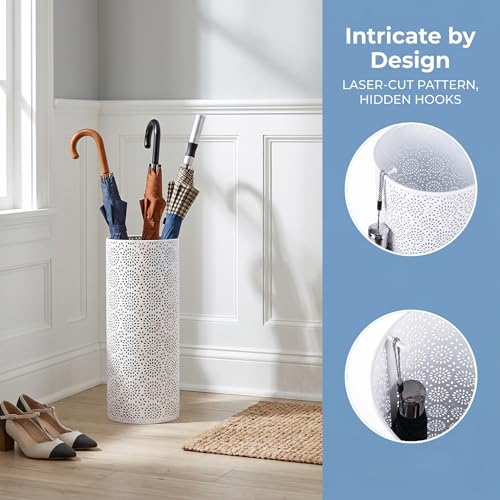 BEWBBAT Umbrella Stand Rack for Entryway, Free Standing Metal Umbrella Holder, Round Umbrella Organizer Bin with 3 Hooks for Long Short Umbrella, Walk Stick, Home Office Indoor, 17 x 7 Inch, White