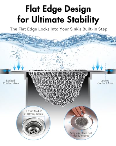Reversible Kitchen Sink Drain Strainer, Anti-Clog Flat Edge Design | Anti-Slip Fit, Fast Drainage, Easy Flip Cleaning, Standard Sink Fit, Large Capacity, 304 Stainless Steel, Patented Design