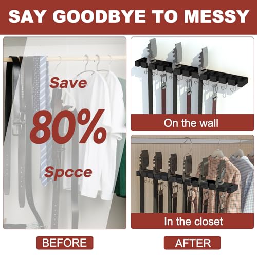 Belt Hanger for Closet Max 42 Belts, 12+11 Storage (Black) | 2-IN-1 Wall Mount Belt Organizer, 360°Rotating Hooks, Wooden Tie Rack for Closet Accessories Closet Organizer and Storage