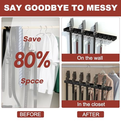 Belt Hanger for Closet Max 42 Belts, 12+11 Storage (Black) | 2-IN-1 Wall Mount Belt Organizer, 360°Rotating Hooks, Wooden Tie Rack for Closet Accessories Closet Organizer and Storage