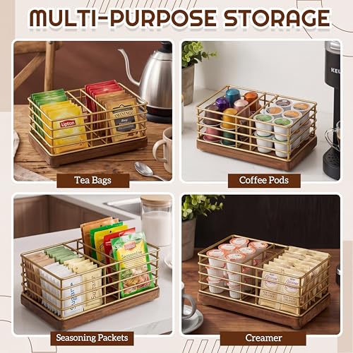 Sugar Packet Holder, Sugar Caddy, Farmhouse Metal Tea Bag Organizer, Stirrers Straws Small Condiments Packet Container for Coffee Bar, Kitchen Office Home 5.7" x 3.1" x 2.4"(Rustic Gold)