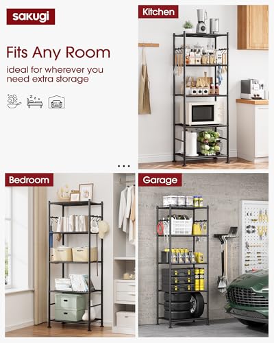 Storage Shelves - 5-Tier Large Capacity Shelf Organizer with Hooks, Heavy-Duty Garage Shelving with Leveling Feet, Wobble-Free Rack for Bedroom, Balcony, Garage, 18.1"×12.4"×56.8", Black