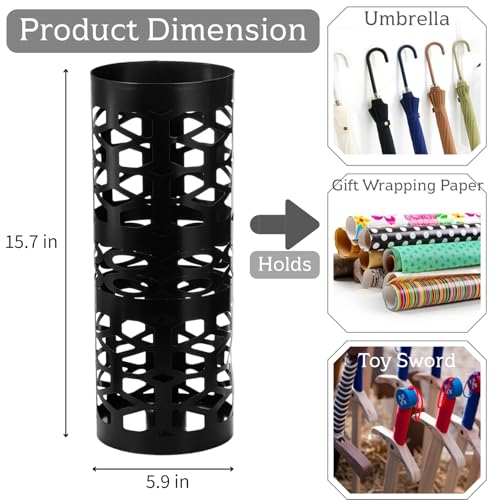 Umbrella Stand, Black Metal Umbrella Holder Freestanding, Cane Walk Stick Holder, Round Umbrella Rack for Entryway, Home, Office, 5.9 x 5.9 x 15.7 Inches