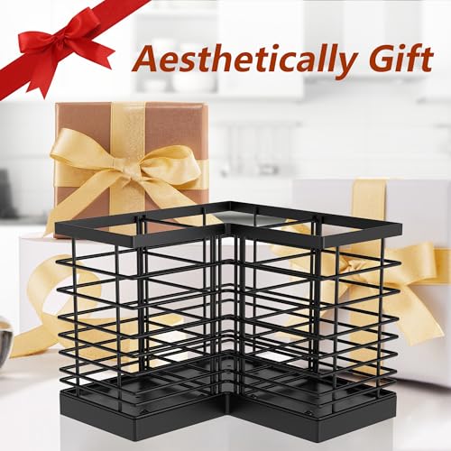 Extra Large Countertop Utensil Holder for Kitchen Counter,Fit Corner | Against Wall,Hold 40 tool,Removable Divider,Easy Clean,Sturdy Farmhouse Cooking Utensil Organizer Caddy,Rutic,Metal,Black
