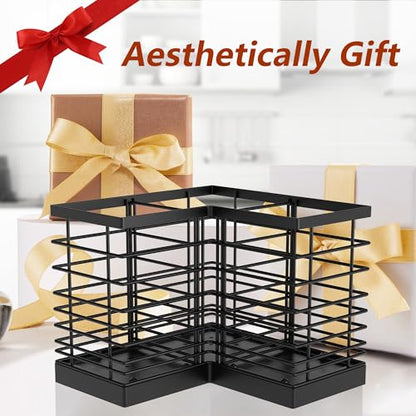 Extra Large Countertop Utensil Holder for Kitchen Counter,Fit Corner | Against Wall,Hold 40 tool,Removable Divider,Easy Clean,Sturdy Farmhouse Cooking Utensil Organizer Caddy,Rutic,Metal,Black