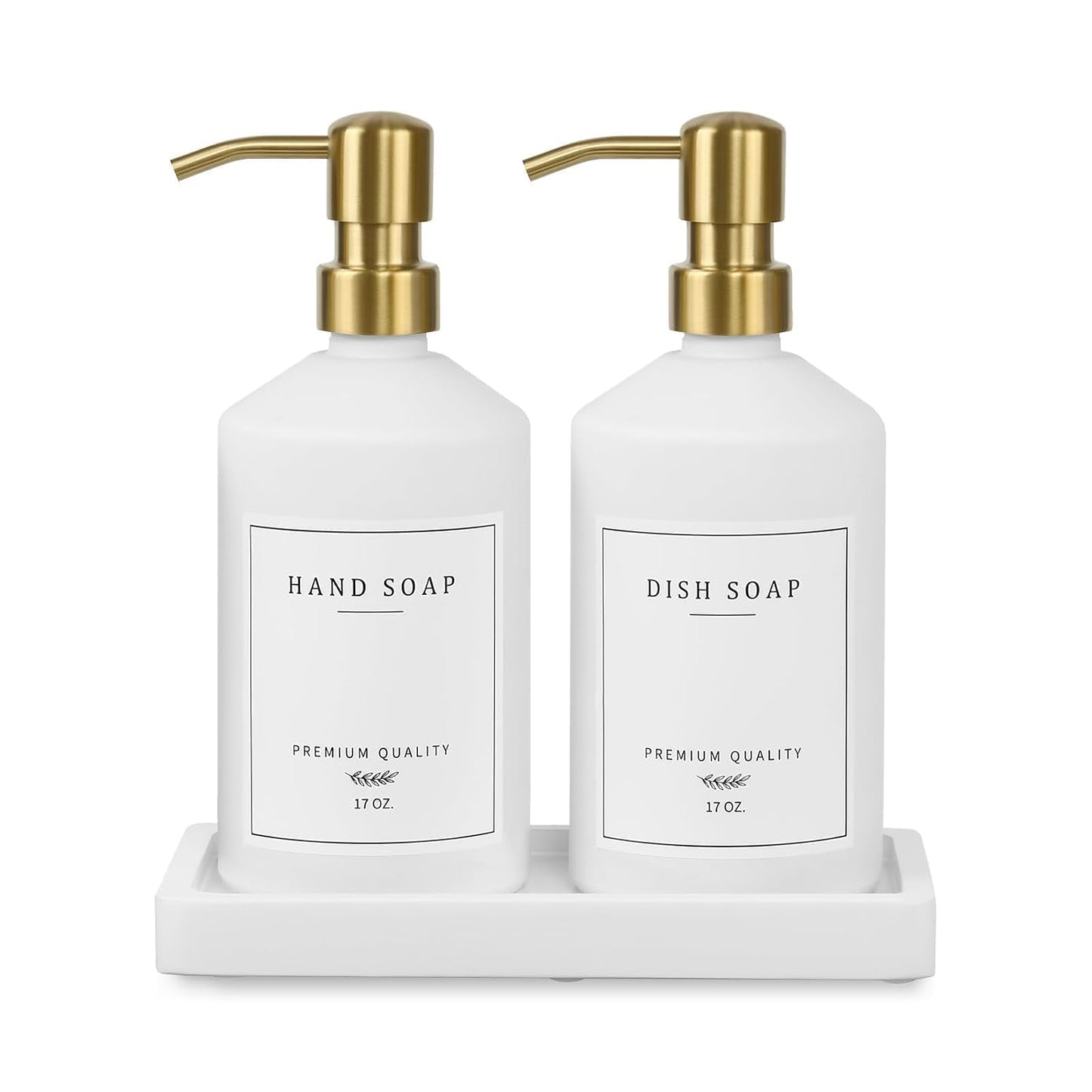 Gold Soap Dispenser Set, Glass Hand and Dish Soap Dispenser Set with Tray,Stainless Pump,14 Stickers for Kitchen,Bathroom Soap and Lotion Dispenser,Modern Counter Decor (White Bottle/Gold Pump)