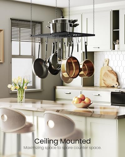 Hanging Pot Rack, Ceiling Mounted Pot Hanger for K... (Black | Metal)