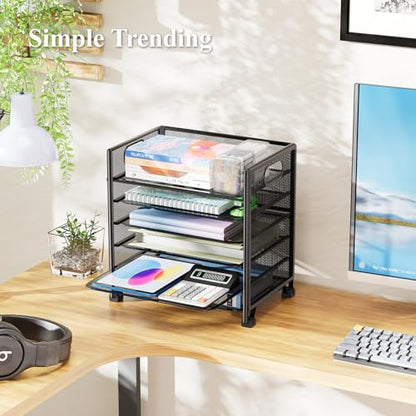 Simple Trending 6-Tier Paper Tray Organizer, File Organizer for Desk, Black | Letter Tray Holder with Handle. Sturdy Metal Frame. Non-slip Feet. Black for Office Home School. 13.35"L x 9.35"W x 15.6"H