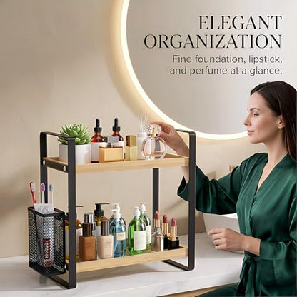 2-Tier Wood Bathroom Counter Organizer with Basket,Waterproof Vanity Perfume Skincare Storage for Bathroom, Kitchen, Dresser