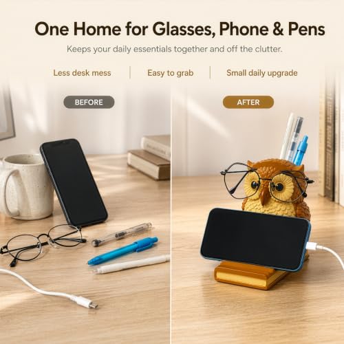 Owly Mate Owl Eyeglass Holder for Nightstand and Desk, Cute Glasses Holder with Phone Stand and Pen Holder, 3-in-1 Desk Organizer for Glasses, Phone & Pens - Gift for Owl Lovers