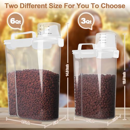 Dog Food Storage Container, 5-7 Lbs Airtight Pet Food Container, Cat food Container Dispenser with Portable Handle, Pouring Spout, Measuring Cup and a Collapsible bowl for Dogs Cats White/6Qt