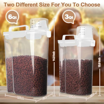 Dog Food Storage Container, 5-7 Lbs Airtight Pet Food Container, Cat food Container Dispenser with Portable Handle, Pouring Spout, Measuring Cup and a Collapsible bowl for Dogs Cats White/6Qt