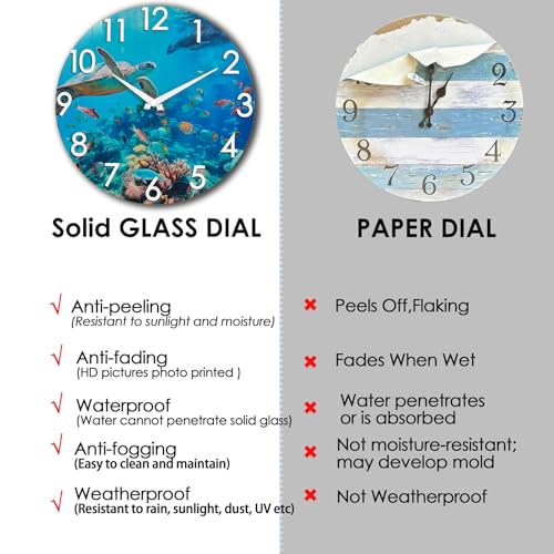 Crosstime 12 Inch Outdoor Clock – Waterproof Tempered Glass with Sea Turtle & Marine Life Theme, UV Resistant, Silent Nautical Coastal Decor Wall Clock for Patio, Pool, Garden, Backyard, Bathroom