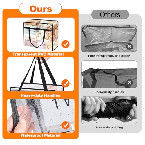 4 Pack Clear Clothes Storage Bags, 40L Vinyl Blanket Storage Containers with Heavy Duty Zipper, Foldable Moving Bags, Closet Organizers for Bedding, Clothing, Comforters, Linens, Duvet