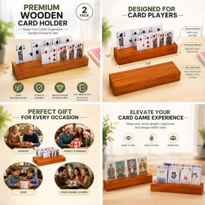 Card Holders for Playing Cards Deck Holder Stand Wooden Card Holder for Kids Canasta Holder for Adults Seniors Crowns Uno Poker Games Set of 2(Orange)