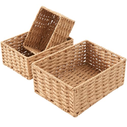 Small Wicker Basket for Organizing, Woven Storage Basket Sets of 3 | Handwoven Natural Paper Rope Baskets to Declutter Any Room, Perfect for Organizing and Home Decor