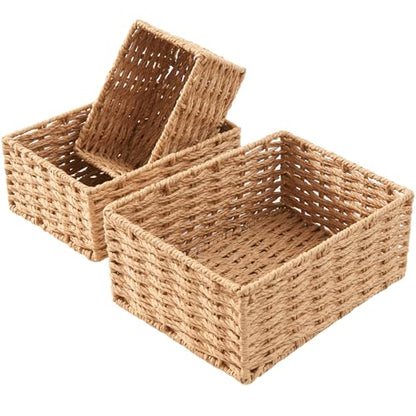 Small Wicker Basket for Organizing, Woven Storage Basket Sets of 3 | Handwoven Natural Paper Rope Baskets to Declutter Any Room, Perfect for Organizing and Home Decor