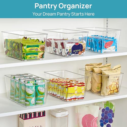 Vtopmart 6 Pack Clear Storage Bins, Pantry Cabinet Organizer Bins, Medium | Plastic Pantry Storage Bins with Handle, Storage Containers for Fridge, Cabinet, Kitchen, Countertops, Cupboard, Freezer