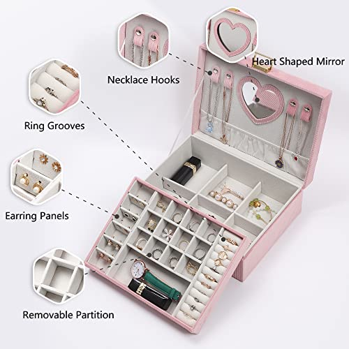 Jewelry Box for Teen Girls Women, 2 Layers Jewelry Organizer with Mirror, Removable Jewelry Tray, Jewelry Storage Case, Gift Idea for Teenagers, Striped Velvet (Pink)