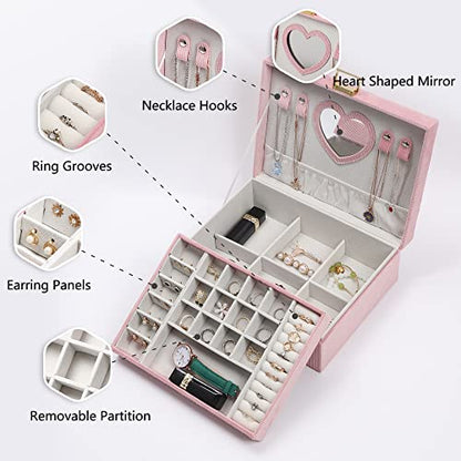 Jewelry Box for Teen Girls Women, 2 Layers Jewelry Organizer with Mirror, Removable Jewelry Tray, Jewelry Storage Case, Gift Idea for Teenagers, Striped Velvet (Pink)