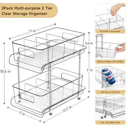 2-Tier Bathroom Organizer with Dividers, Clear Under Sink and Pull-Out Cabinet Organizer for Kitchen and Pantry Storage
