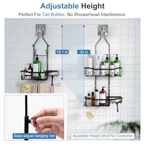 Upgraded Extended Length Shower Organizer with Hooks, Rustproof Shampoo Soap Holder, Large Hanging Bathroom Caddy