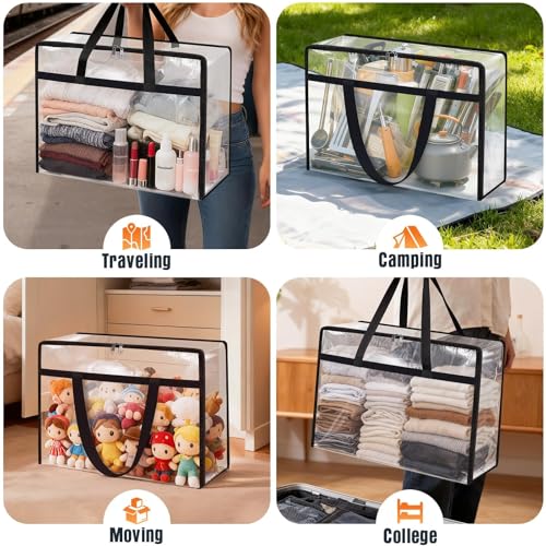 4 Packs 60L Clear Under Bed Storage Containers, Large Clothes Storage Bags | Heavy Duty Large Capacity Foldable Moving Bags with Sturdy Handles, Clothing Organizer Totes for Bedding Comforter Sheet