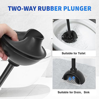 Toilet Plunger and Brush, Bowl Brush and Heavy Duty Toilet Plunger Set with Ventilated Holder, 2-in-1 Toilet Brush and Plunger Combo for 5.3-inch Toilet Drain Bathroom Cleaning (Black)