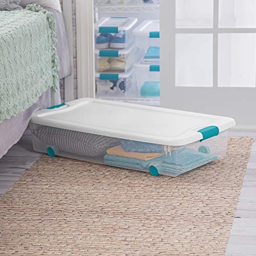 Sterilite 4-Pack 56 Quart Wheeled Latching Box, Underbed Clear Plastic Storage Organizer - Under Bed Rolling Container Bin with Lid and Wheels for Home or Dorm Bedrooms and Closets