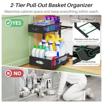Under Sink Organizer, 2-Pack Pull Out Cabinet Organizer 2 Tier Metal Slide Out Storage Shelf Rack, L-Shaped Adjustable Height,Mesh Sliding Drawer for Kitchen, Bathroom, Laundry, Pantry, Black, XL