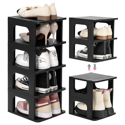 TRZZ 5-Tier Shoe Rack, Narrow Stackable Organizer, Black | Removable Partition, Vertical Efficient Shoe Storage, for Closet, Entryway, Small Spaces