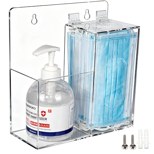 SEANADO Face Mask Dispenser and Hand Sanitizer Holder Stand Wall Mount or Countertop, Hygiene Station with 2 Compartment Clear Box Dispenser for Disposable Masks, Hairnets