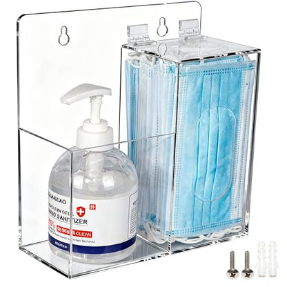 SEANADO Face Mask Dispenser and Hand Sanitizer Holder Stand Wall Mount or Countertop, Hygiene Station with 2 Compartment Clear Box Dispenser for Disposable Masks, Hairnets