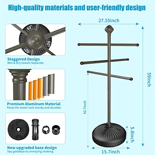 Pool Towel Rack Outdoor, 59" Aluminum Towel Holder with Wide Stable Base,6 Adjustable Bars, Pool Furniture,Rustproof Towel Drying Rack for Pool, Patio, Hot Tub,& Spa – Gray