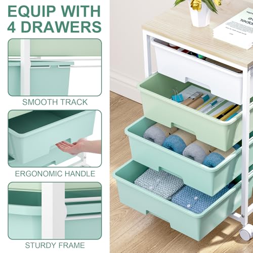 Rolling Cart with Drawers, 4-Drawer Utility Cart, Green | Rolling Storage Cart with Drawers, Storage Rolling Drawer Cart with Wooden Tabletop for Bedroom, Dorm, Classroom, Office
