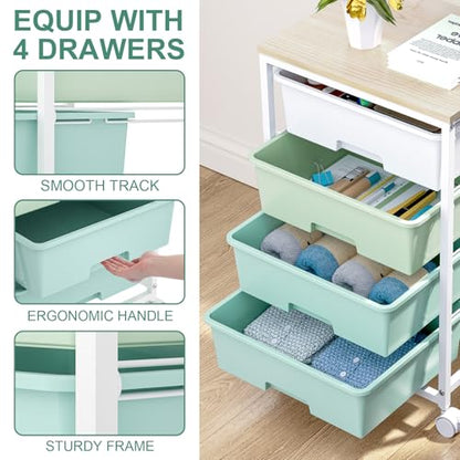 Rolling Cart with Drawers, 4-Drawer Utility Cart, Green | Rolling Storage Cart with Drawers, Storage Rolling Drawer Cart with Wooden Tabletop for Bedroom, Dorm, Classroom, Office