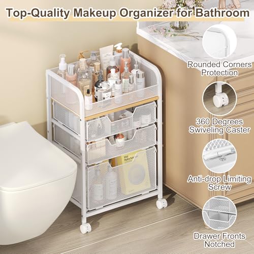Hongtamoya Makeup Organizer Cart with Drawers, Floor Skincare Organizers Make Up Organizers Vanity Organizer Cosmetic Display Cases Holder for Skin Care Perfume Nail Polish Brush Hair Tool, White