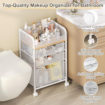 Hongtamoya Makeup Organizer Cart with Drawers, Floor Skincare Organizers Make Up Organizers Vanity Organizer Cosmetic Display Cases Holder for Skin Care Perfume Nail Polish Brush Hair Tool, White